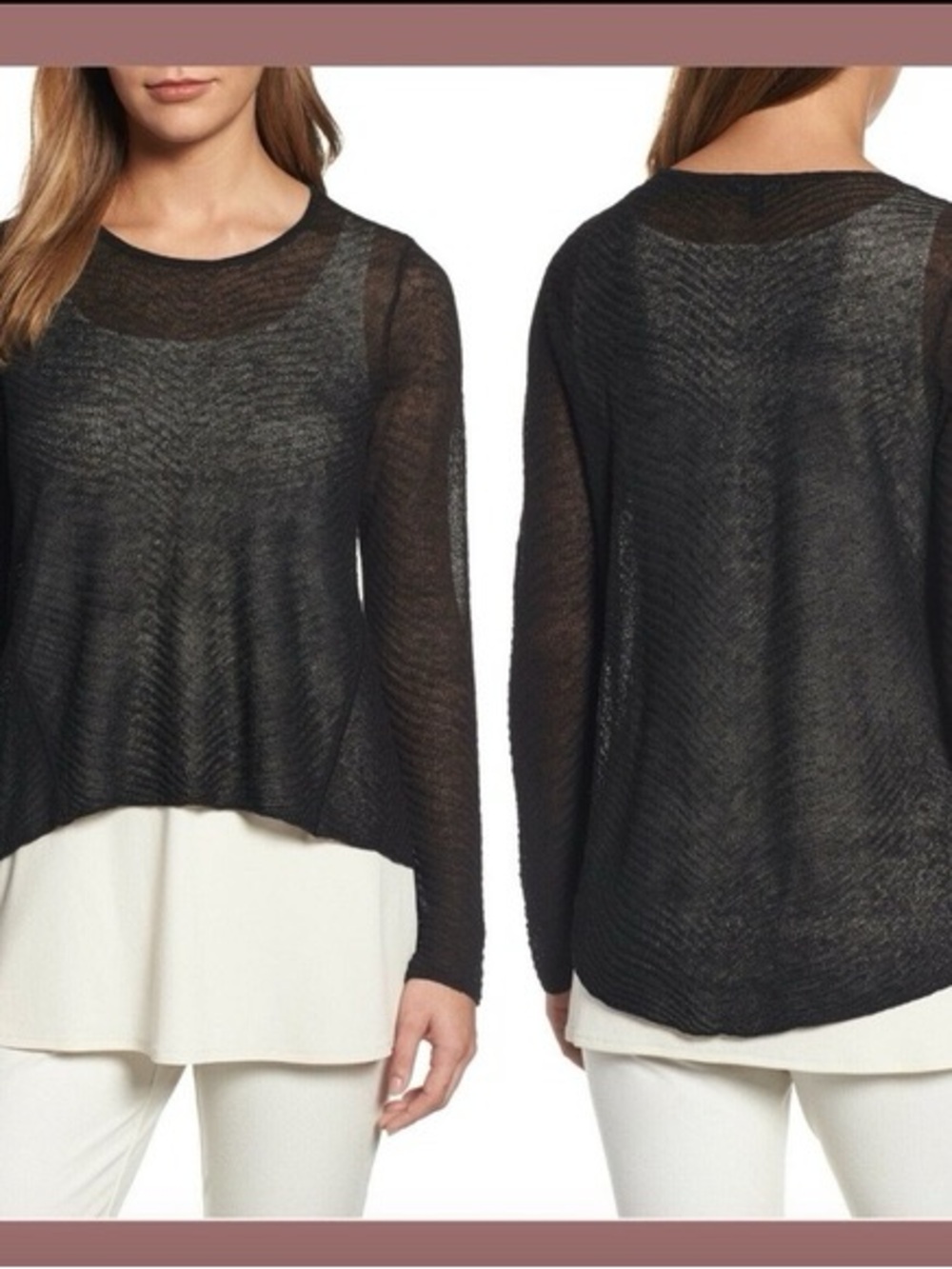NWOT Eileen Fisher Black Sheer High-Low Long Sleeve Knit Top